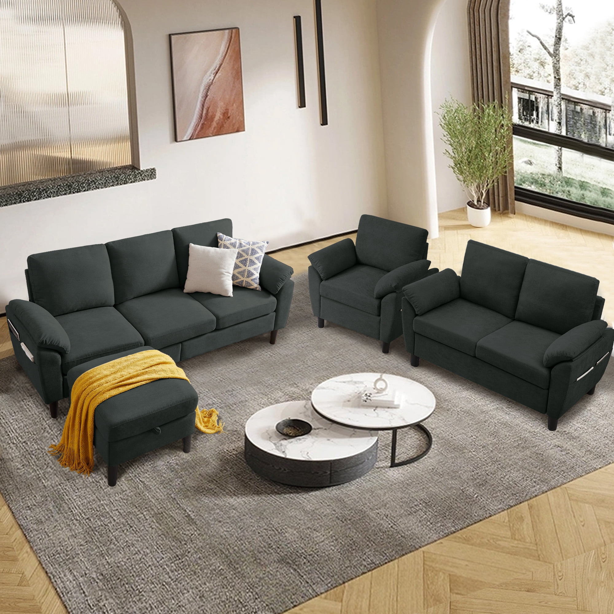 Jarenie Chireca 4 Piece Convertible Sectional Sofa Set, Modern Linen Small L Shaped Couch with Reversible Chaise, 3-Seater Sofa & Loveseat & Armchair for Living Room, Office, Apartment, Black