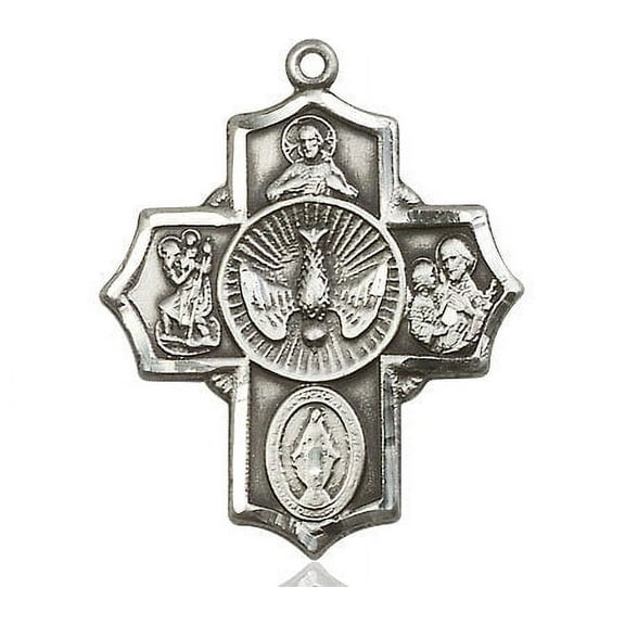 Extel Large Pewter Traditional Catholic 5-Way Cross Cruciform Medal with Miraculous Medal, St. Joseph, St. Christopher and Sacred Heart, Made in USA