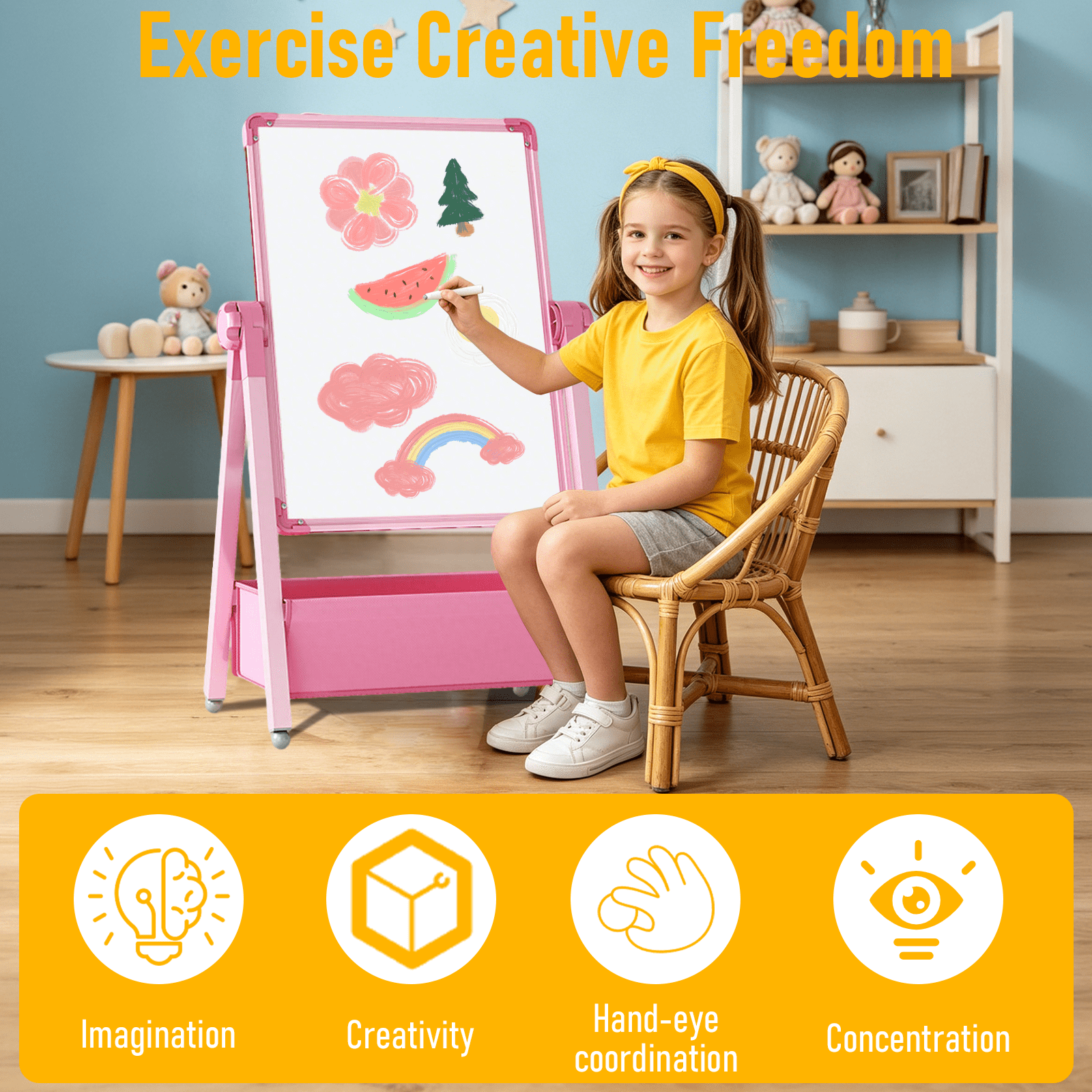 Art Easel for Kids, Double Sided Magnetic Kids Easel, Adjustable 360°Rotating Whiteboard & Chalkboard for Boys and Girls, Pink