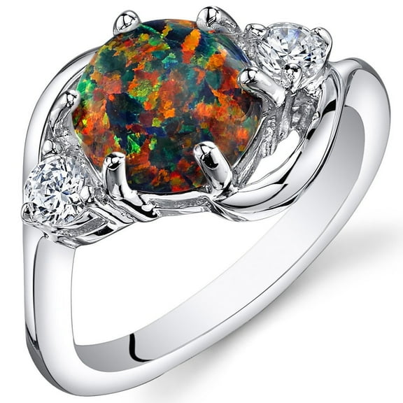 PEORA Created Black Fire Opal Ring for Women 925 Sterling Silver, Stunning Three Stone Design, 1.75 Carats Round Shape 8mm, Size 5