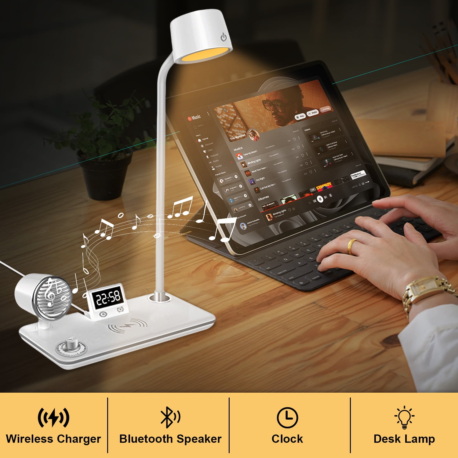 LED Desk Lamp, 4 in 1 Multifunction Table Lamp with Wireless Charger, Bluetooth Speaker Digital Clock, 360° Adjustable Gooseneck Arm with 3 Color Modes Dimmable Lamp for Home Office Bedroom, White