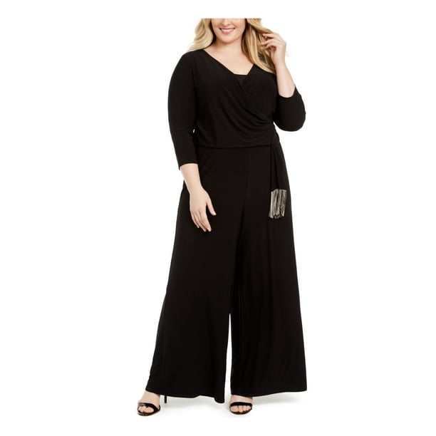 MSK MSK Womens Black Fringed 3/4 Sleeve V Neck Jumpsuit Size 3X