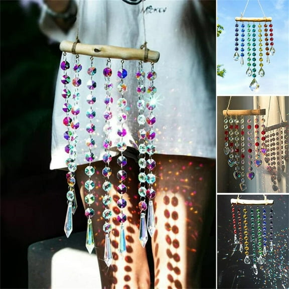 Crystal Wooden Wind Chime - Suncatcher with Colorful Glass Beads & Heart Prisms, Indoor/Outdoor Hanging Decoration for Windows, Garden, Wedding, Party - Sparkling Light Reflector Gift