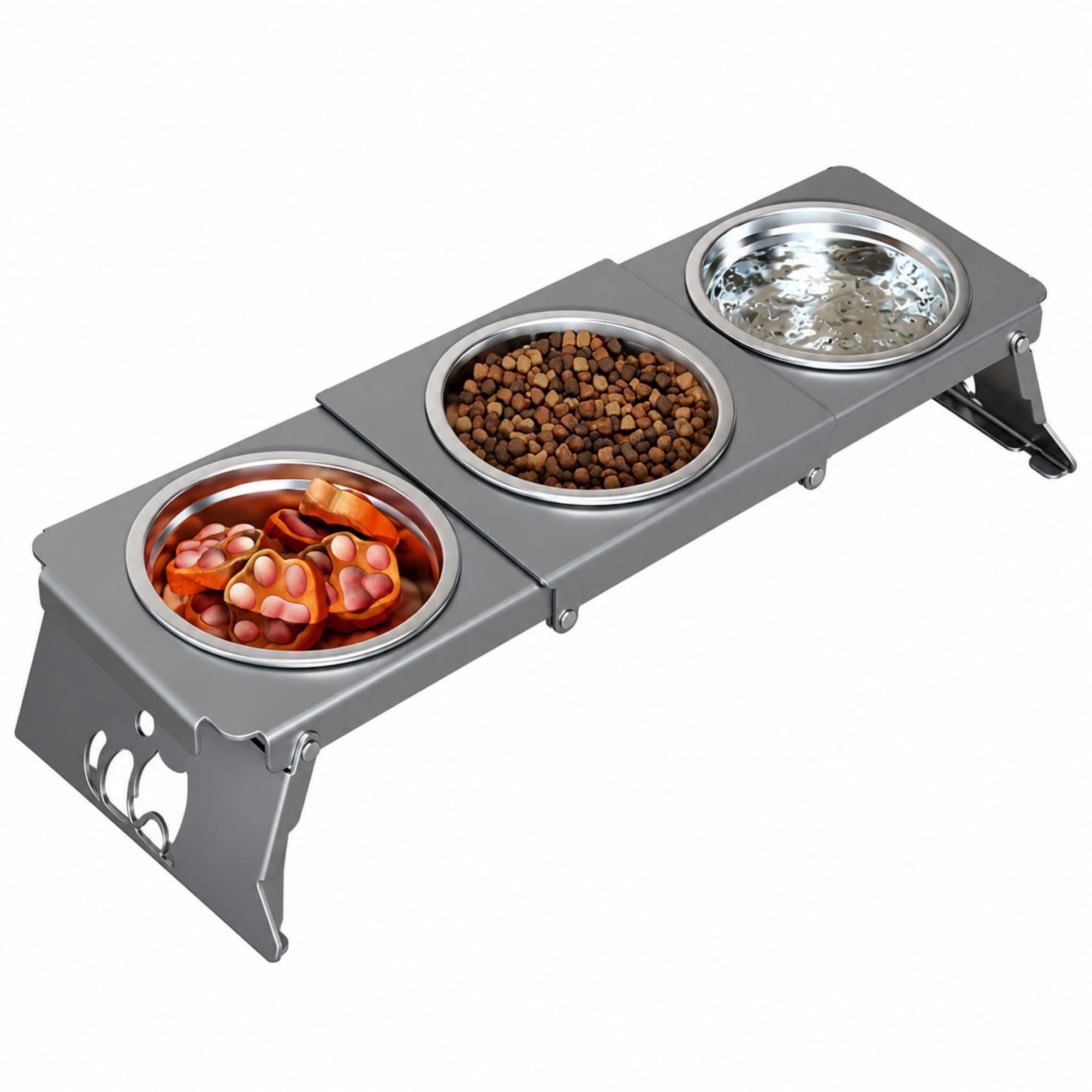 Foldable Triple Pet Bowl Stand with Stainless Steel Bowls, Elevated Feeding Station for Cats and Small Dogs, Portable Space-Saving Design, Durable Anti-Slip Pet Feeder for Food, Water, and Treats