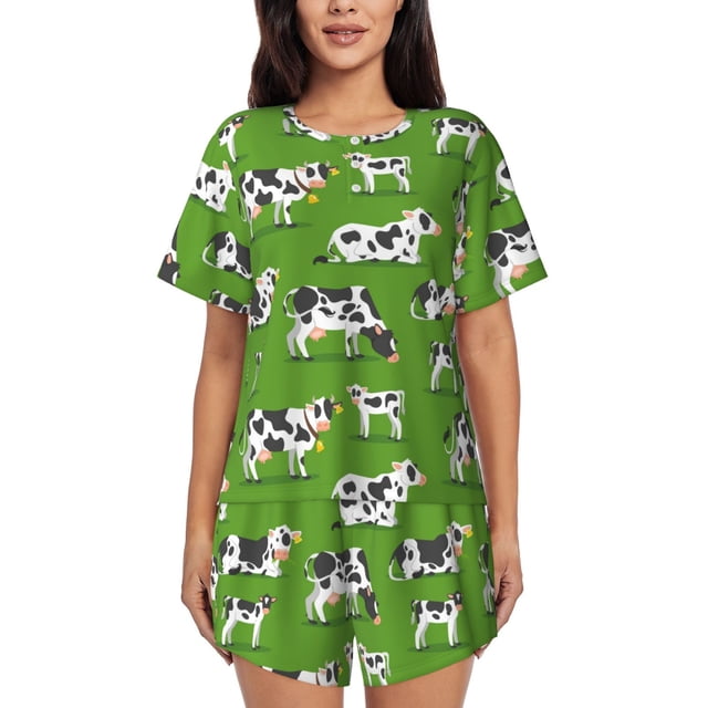 Balery Cows With Calfs Green Conjunto de Pijama para Mujer con Estampado, Dos Piezas de Manga Corta y Shorts, Ropa de Dormir Suave con Cuello Redondo y Bolsillos-X-Large