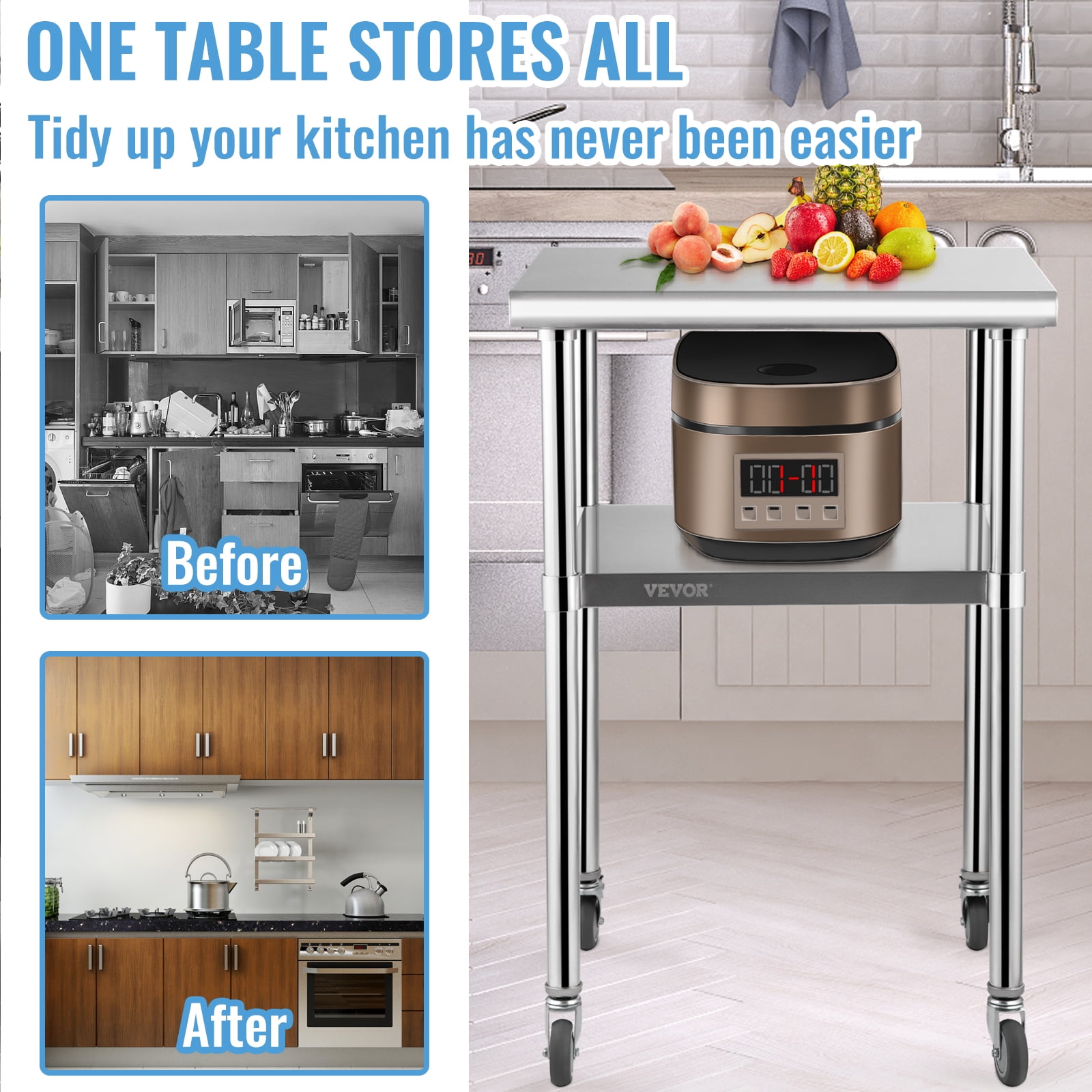 VEVOR Stainless Steel Prep Table, Heavy Duty Metal Worktable with Adjustable Undershelf & Universal Wheels, 600lbs Load Capacity, 24 x 24 x 36 inch