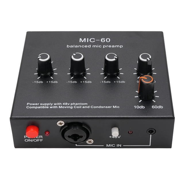 Mic Microphone Preamp Mic Gain Booster 48V Power Supply Mic Pre Amp for Dynamic Condenser XLR 3.5mm 6.35mm Inputs Outputs