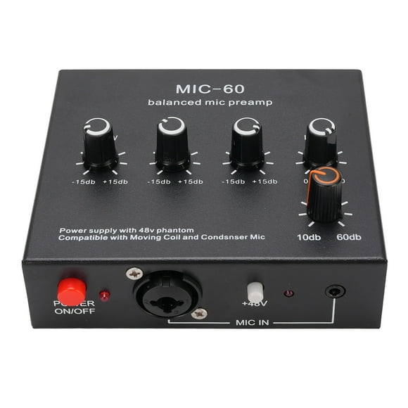 Mic Microphone Preamp Mic Gain Booster 48V Power Supply Mic Pre Amp for Dynamic Condenser XLR 3.5mm 6.35mm Inputs Outputs