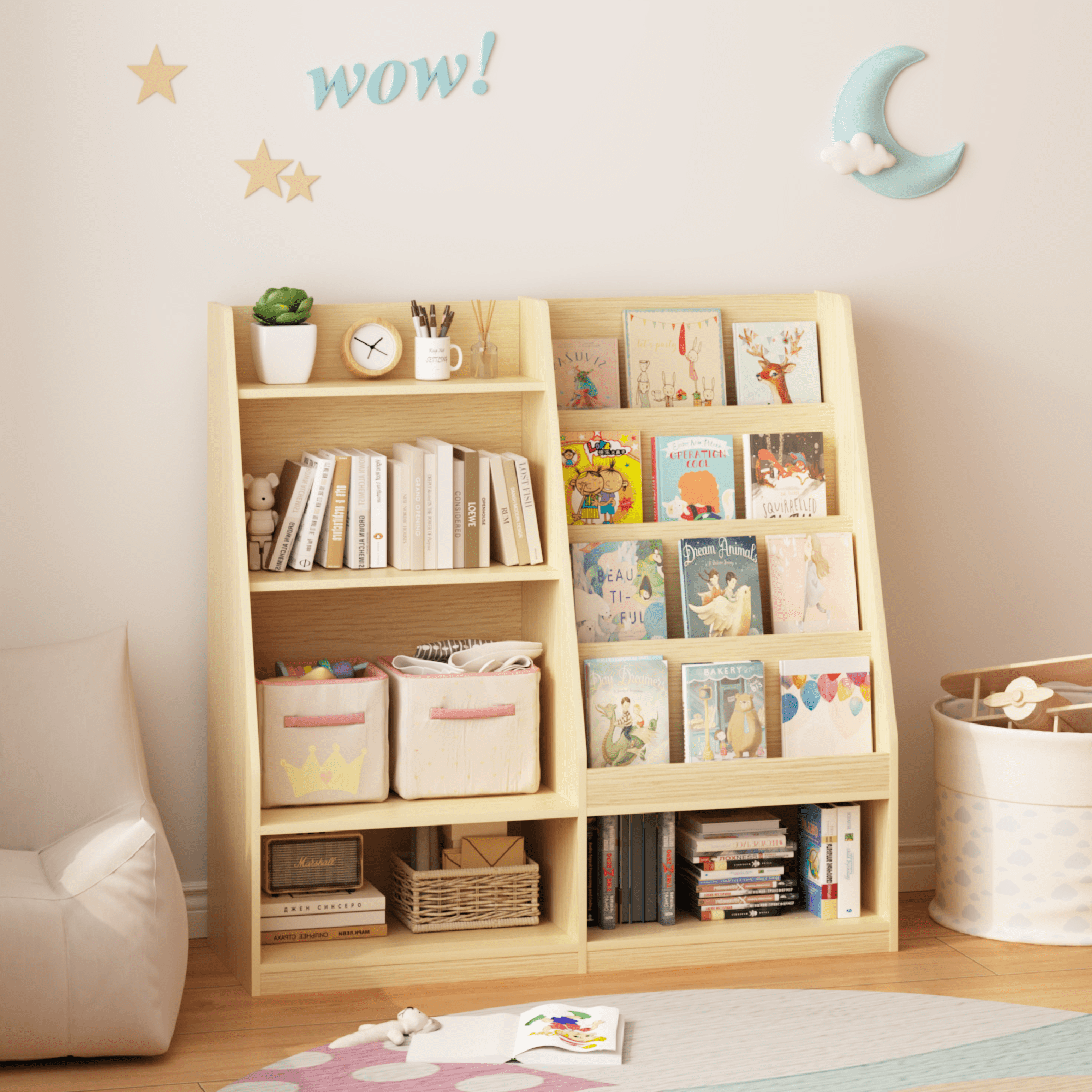 White Kids Bookshelf with Toy Storage Bin 2-Tier Display Childrens Room Organizer