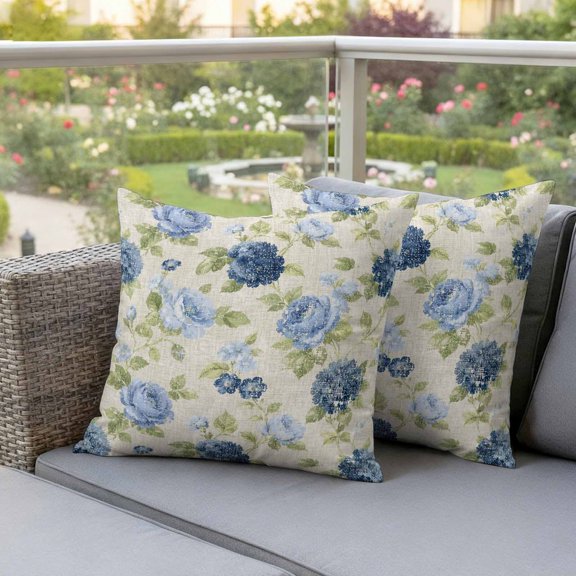 Outdoor Pillow Covers,Blue Flower Leaves Seamless Decorative Throw Pillow Cover Waterproof Pillowcase Set of 2,Linen Cushion Case for Sofa Couch Bed 16x16 Inch,Retro Floral Vine