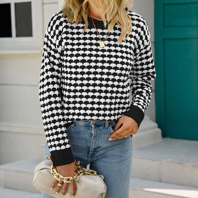 VSSSJ Womens Long Sleeve Pullover Sweaters Casual Crewneck Classic Plaid Geometric Printed Soft Comfy Knitted Sweater Jumper Tops Black S