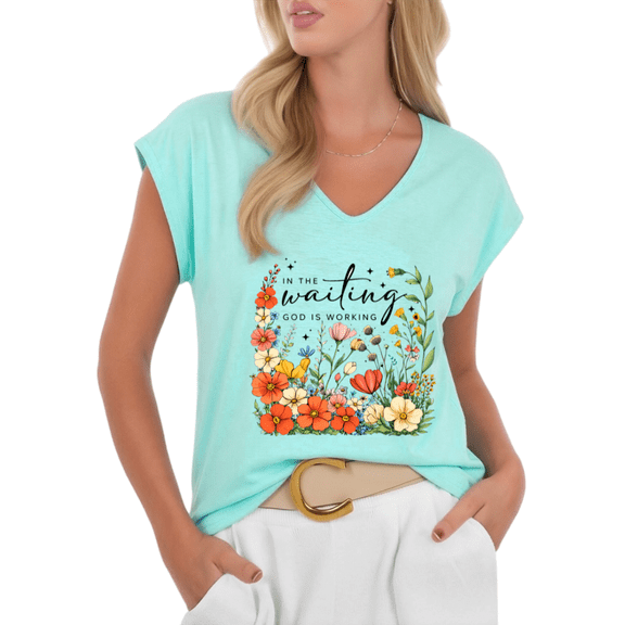 Cozymy Women V-Neck Sleeveless T-Shirt In The Waiting God Is Working Watercolor Floral Christian Casual Summer Plus Size Tee S-5XL