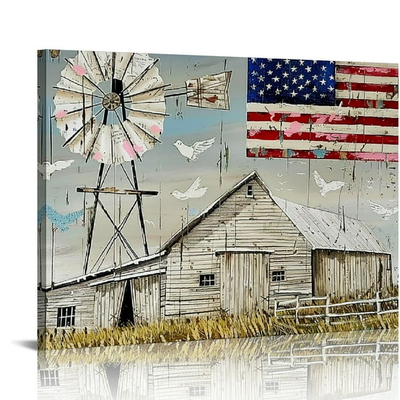 ALEPADNF Rustic American Barn Canvas Wall Art Farmhouse Windmill Flag Pictures Wall Decor Vintage Barn Print Painting for Farm Room Living Room Home Decoration  20x16in
