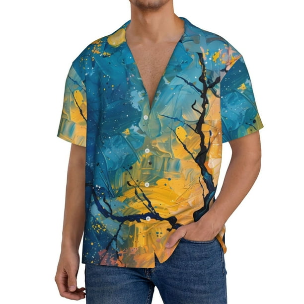 Balery Abstract Night Sky Tree Camisa Casual de Manga Corta con Botones para Hombre, Texturizada, Estilo Cubano, para Playa, Verano-3X-Large