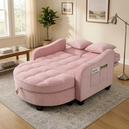 Loveseat with Storage Ottoman, Irregular Armrests & Backrest, Double Chaise Lounge, Pink