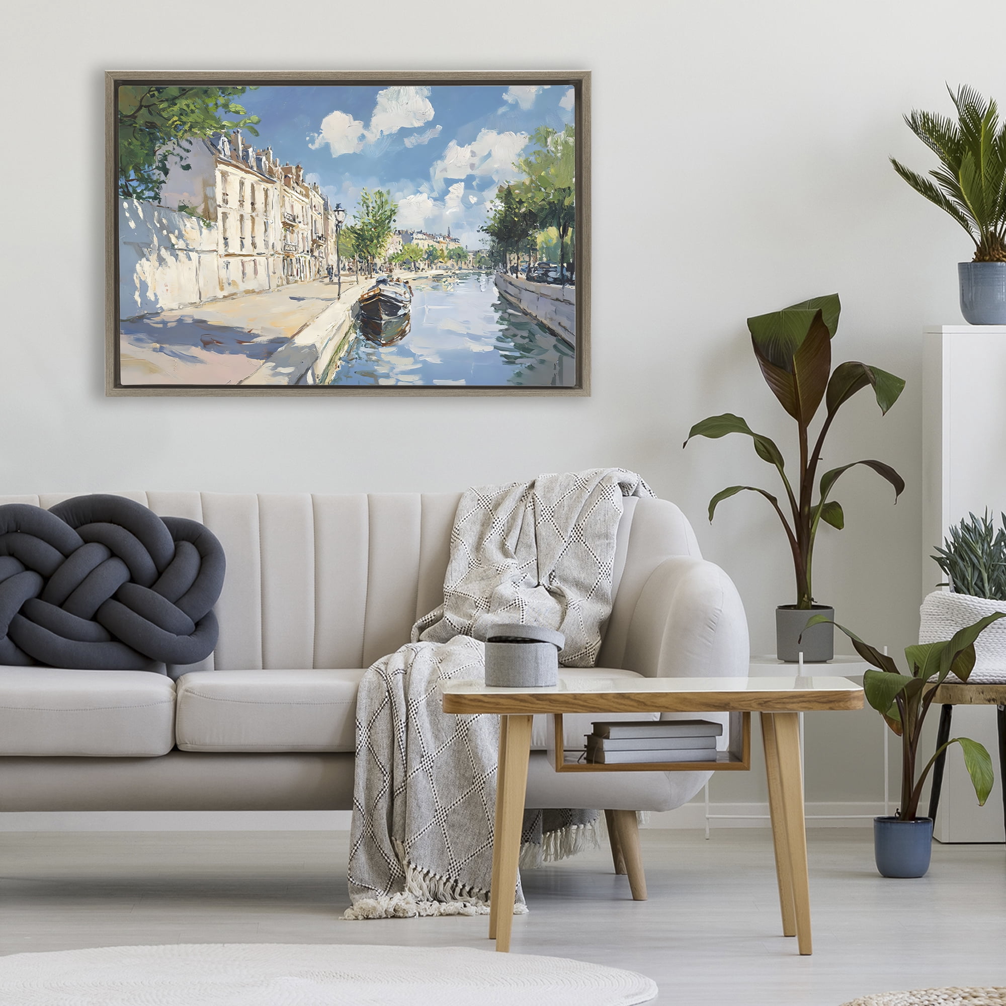 Stupell Industries Boat in Canal Summer Reflection Brown Framed Floater Canvas Wall Art, design by Creative Studio