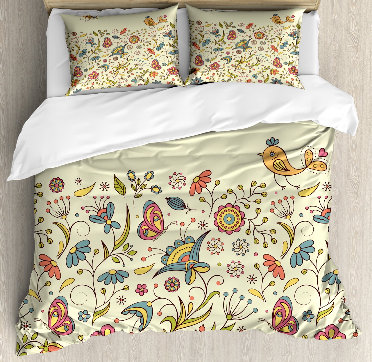 Floral King Size Duvet Cover Set, Blooming Colorful Petals of Summer