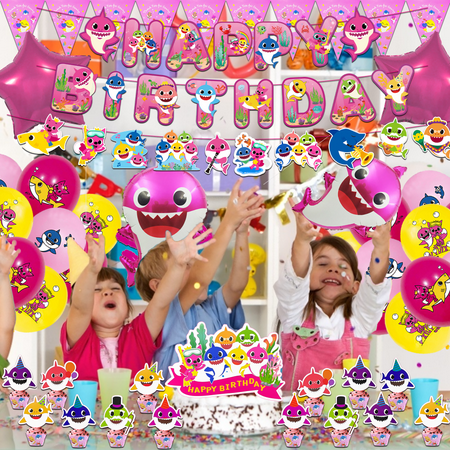 138 Pcs Baby Birthday Shark Decorations, Baby Sharkl Party Supplies Include Banners, Cake Cupcake Toppers, Latex Balloons, Hanging Swirls, Foil Balloons, Invitation Card and Stickers for Kids