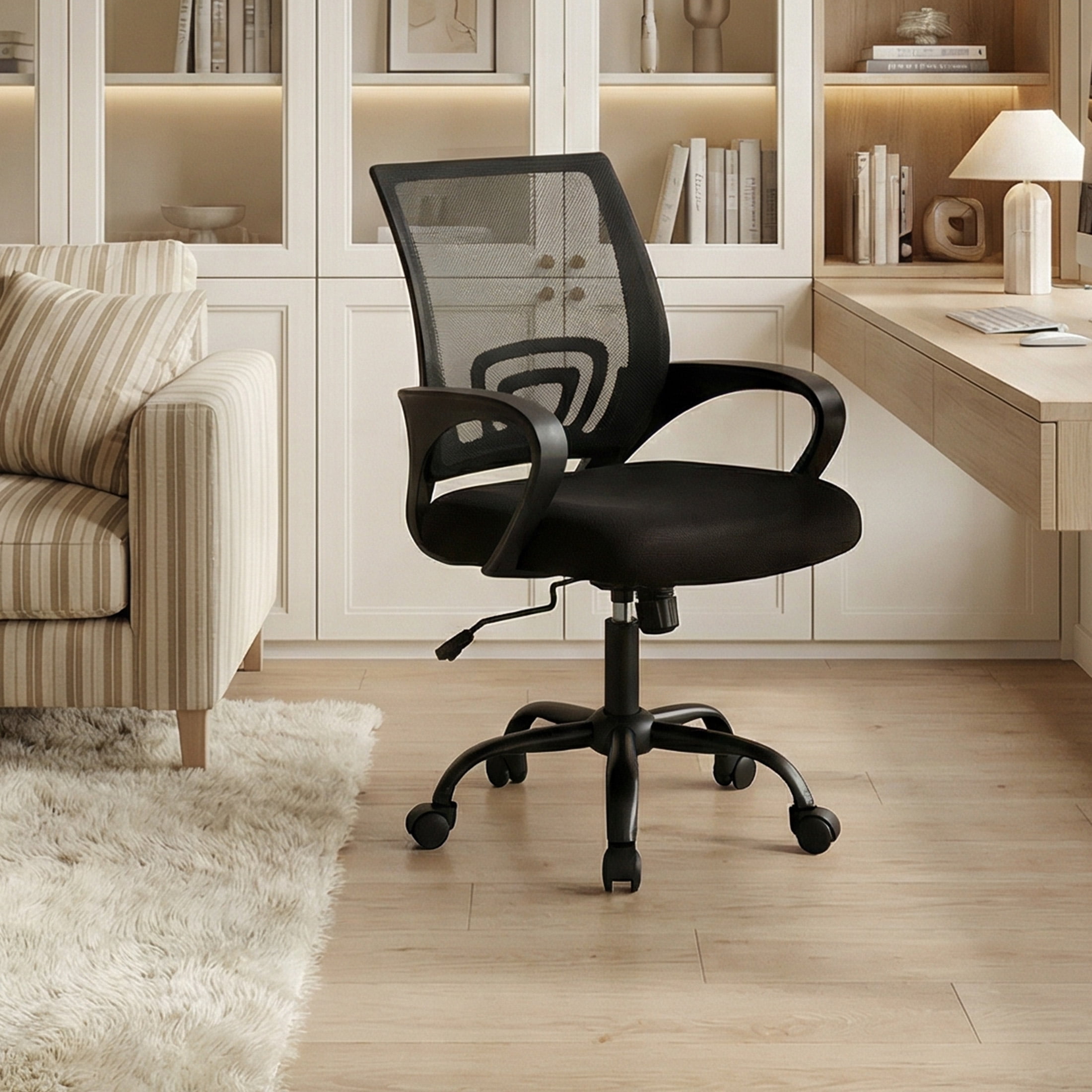 EDX Ergonomic Mid-Back Office Chair - Swivel Desk Chair with Lumbar Support, Breathable Mesh Backrest, Adjustable Height, Sponge Seat & Smooth Rolling Wheels, Black