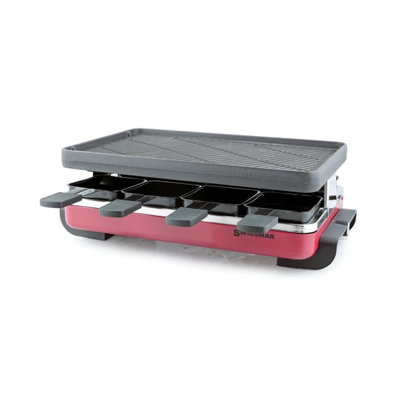 Swissmar Raclette Classique - Fonte Rouge Réversible - 8 Personnes, Spatules Résistantes à la Chaleur, Plats Antiadhésifs