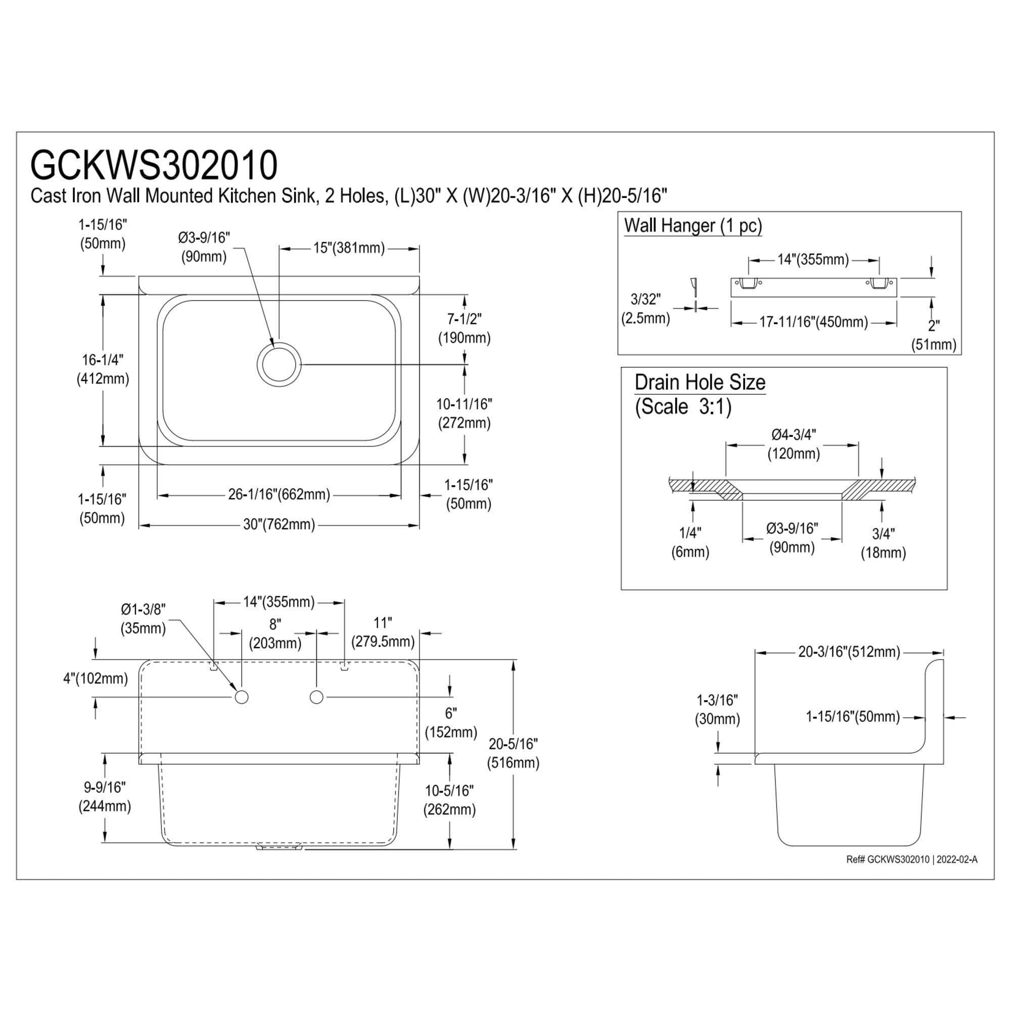 Gourmetier GCKWS302010 Petra Galley 30" x 20" Cast Iron Wall Mount Kitchen Sink, White