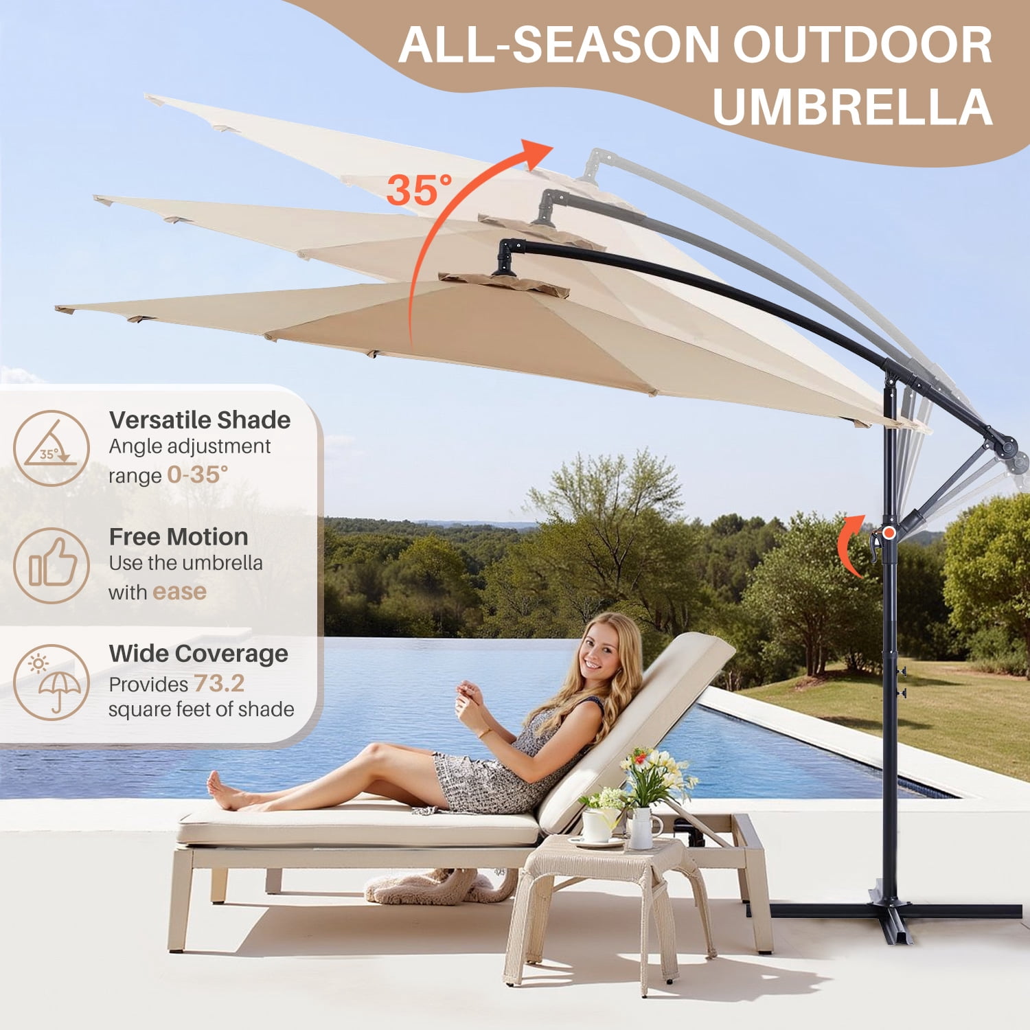 Blorly 10FT Offset Patio Umbrella, Hanging Cantilever Umbrella with Easy Tilt Adjustment, 8 Ribs, UV Protection, Khaki