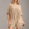 thumbnail image 2 of Feancey Summer Short Sets for Women Ruffled Casual Sleepwear with Shorts Matching Set Soft Cozy Pjs Two Piece Solid Color Lounge Outfits Khaki M, 2 of 10