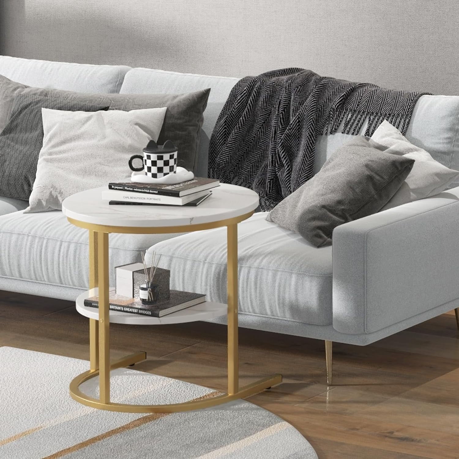 2 in 1 Nesting Coffee Table Modern Faux Marble Top Detachable Open Storage Shelf ,Home ,Office ,Gold & White