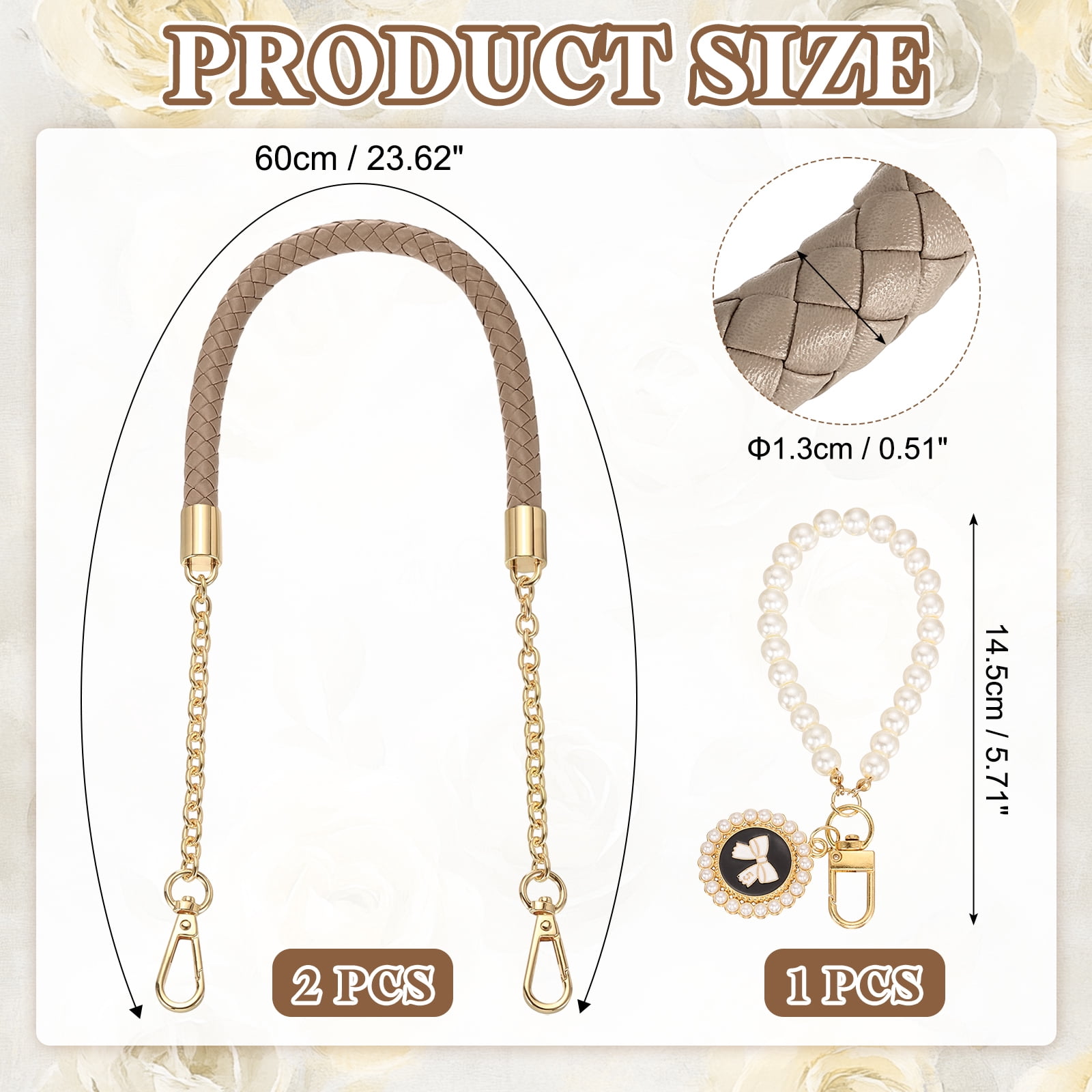 Uxcell 2 Pcs PU Leather Chain Purse Strap, 23.6 Inch Braided Purse Handles Replacement Strap with Pearl Pendant for Tote Bag Handbag Underarm Bag (Gray, Light Gold Chain)