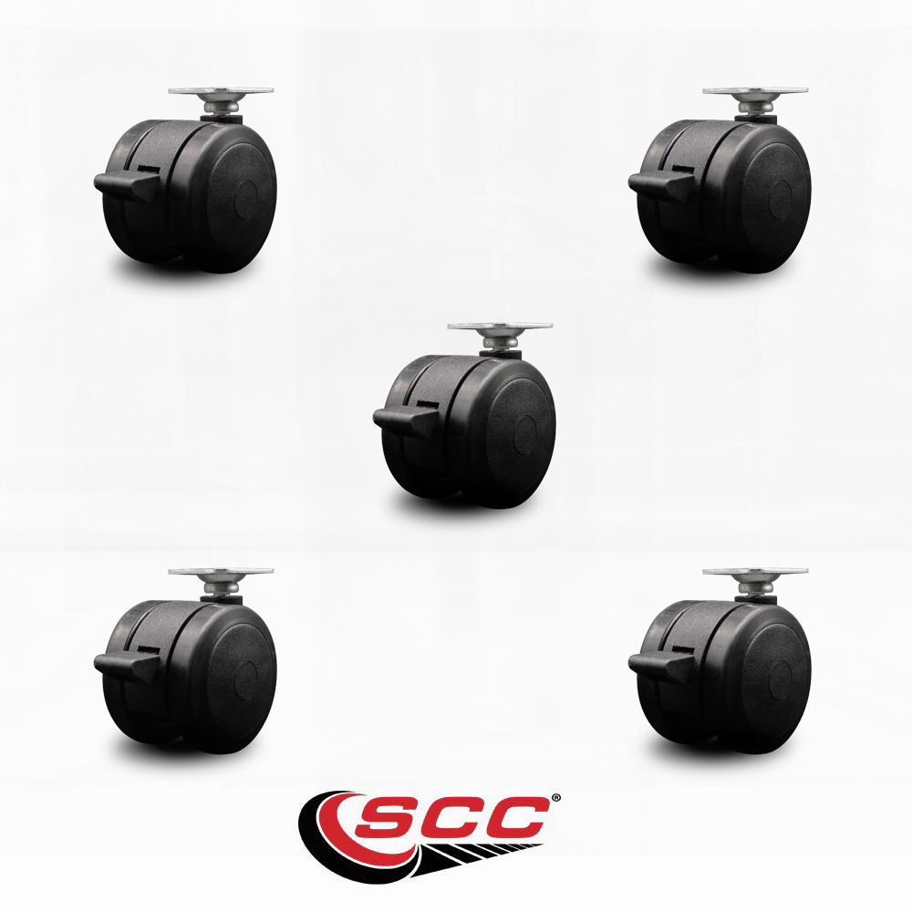2 Inch Black Floor Safe Twin Wheel Casters with Brakes Top Plate Set of 5 SCC