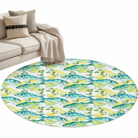 Area Rug 36in Summer Watercolor Fish Lemon Floor Carpet Living Room Rug Seamless Ocean Life Fruit Leaves Non-Slip Welcome Mat Indoor Rugs for Bedroom Dining Room