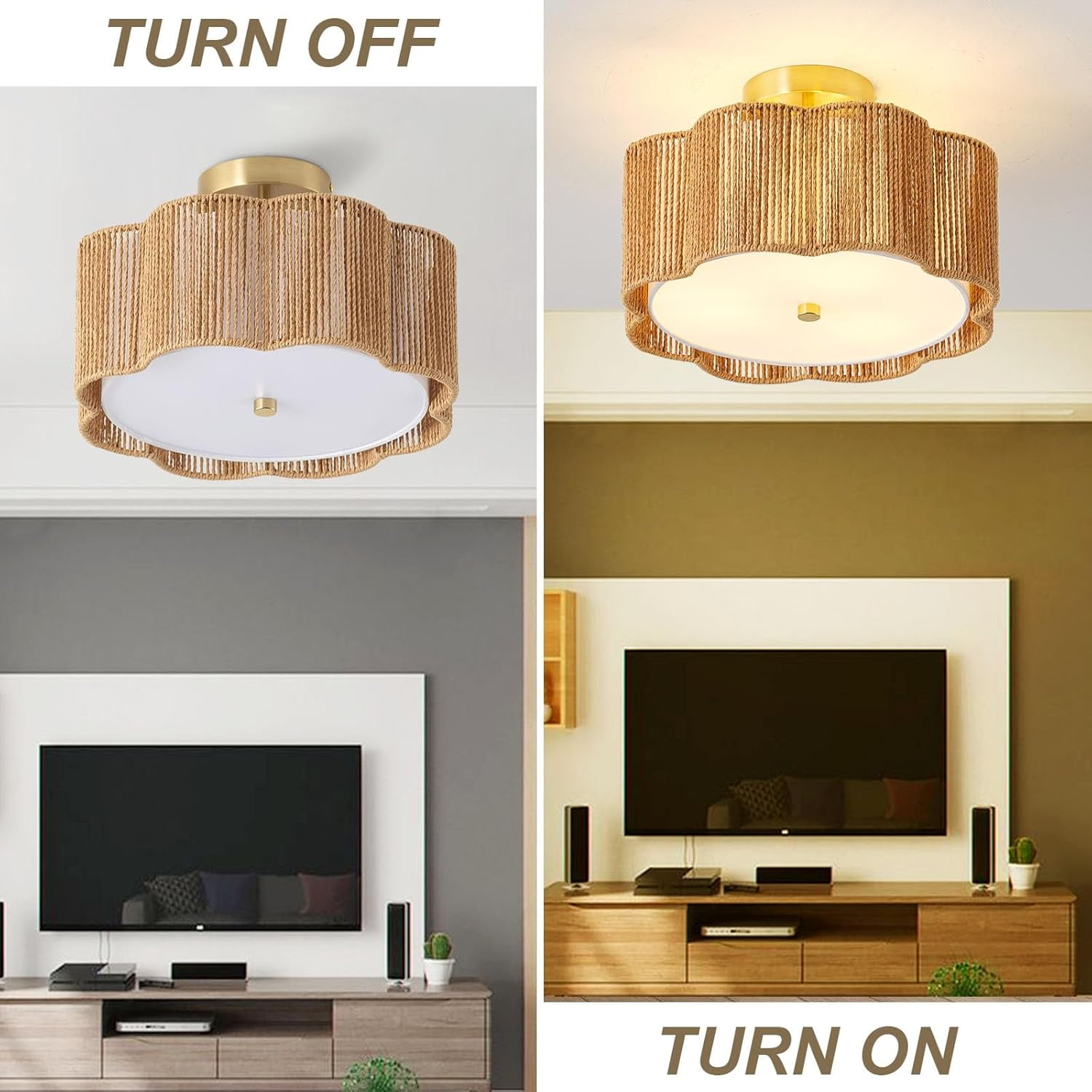 Boho Light Fixtures Flush Mount, 3-Light Rattan Ceiling Light Fixtures Flush Mount Gold for Bedroom, Flower-Shaped Close to Ceiling Light Fixture for Hallway Kitchen