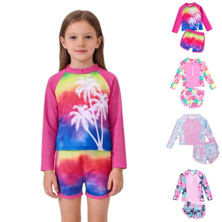 SGMVNU Girls Rash Guard Swimsuit Two Piece Bathing Suit Full Coverage Long Sleeve Swimwear with Shorts Size 3-4 Years cl1-Red