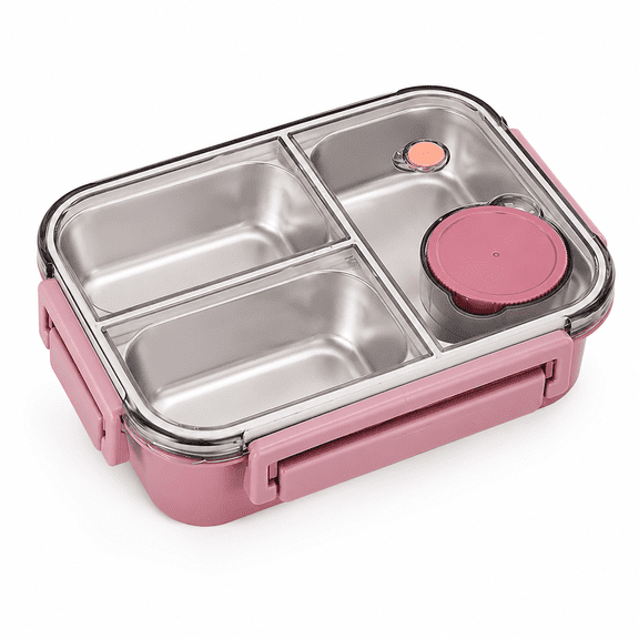 Lunch Box with Tableware, Stainless Steel Bento Box Adult, Leakproof Portable Lunch Box Containers with 3-Compartments, Pink