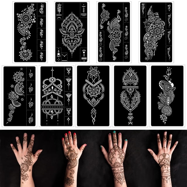 Kit de plantillas de tatuaje de henna, plantillas de henna reutilizables para mano, antebrazo, aerógrafo con purpurina, plantilla de tatuaje, pegatinas de tatuaje temporales indias para mujeres y niña