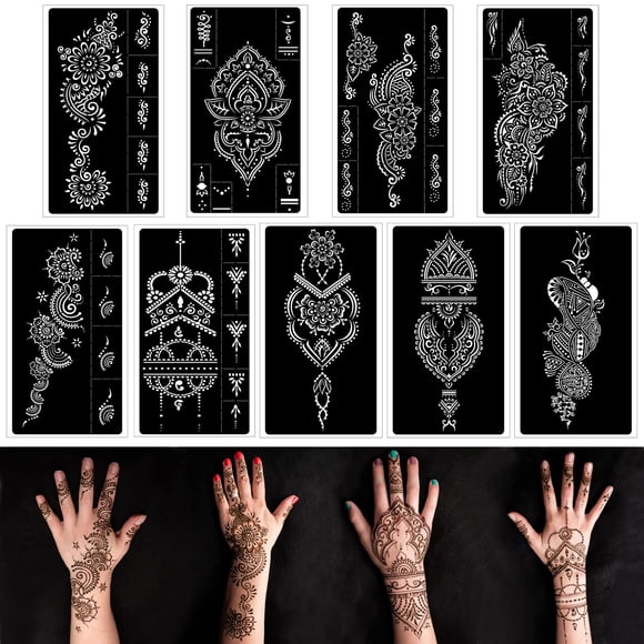 Kit de plantillas de tatuaje de henna, plantillas de henna reutilizables para mano, antebrazo, aerógrafo con purpurina, plantilla de tatuaje, pegatinas de tatuaje temporales indias para mujeres y niña
