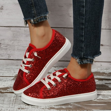 

Cathalem Leisure Women s Four Seasons Sequins Non Slip Flat Round Toe Breathable Lace Up Lazy Shoes Slide on Shoes Women Casual Red 6.5