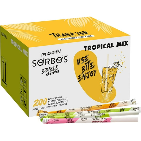 SORBOS Pailles Comestibles, Variété de Saveurs Tropicales, Tropical, Fraise, Lime, Pomme, Emballées Individuellement, Sans Allergènes, Sans Gluten, 7.4 Pouces de long (Lot de 200)