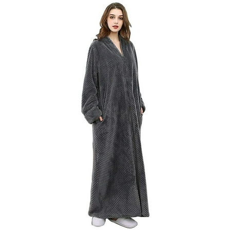 

Oksun Womens Zip up Bathrobes Long Plush Fleece Warm Dressing Robe Gray XL