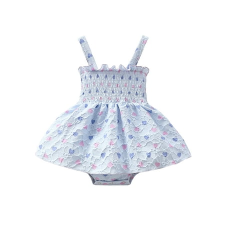 

Shunvnny Baby Girl Summer Romper Dress 3M 6M 9M 12M 18M Infant Girls Sleeveless Square Neck Heart Print Smocked Jumpsuit Newborn Straps Bodysuit