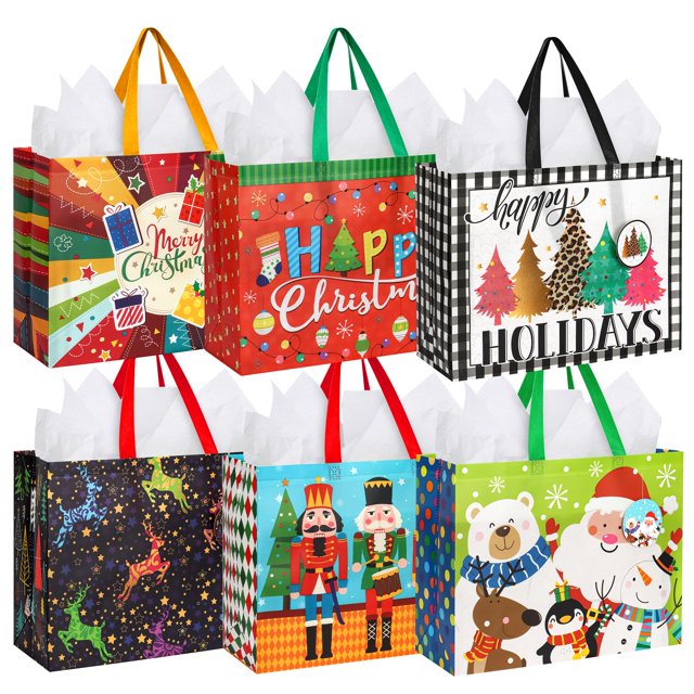 Bolsas de regalo HOIIOH, paquete de 12 bolsas de Navidad reutilizables, 42 x 33 x 16 cm