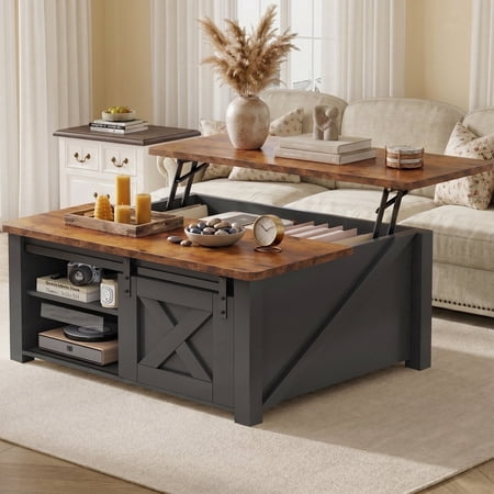 EDX Modern Lift Top Coffee Table with Hidden Storage & Adjustable Shelves, Square Farmhouse Center Table for Living Room, Black