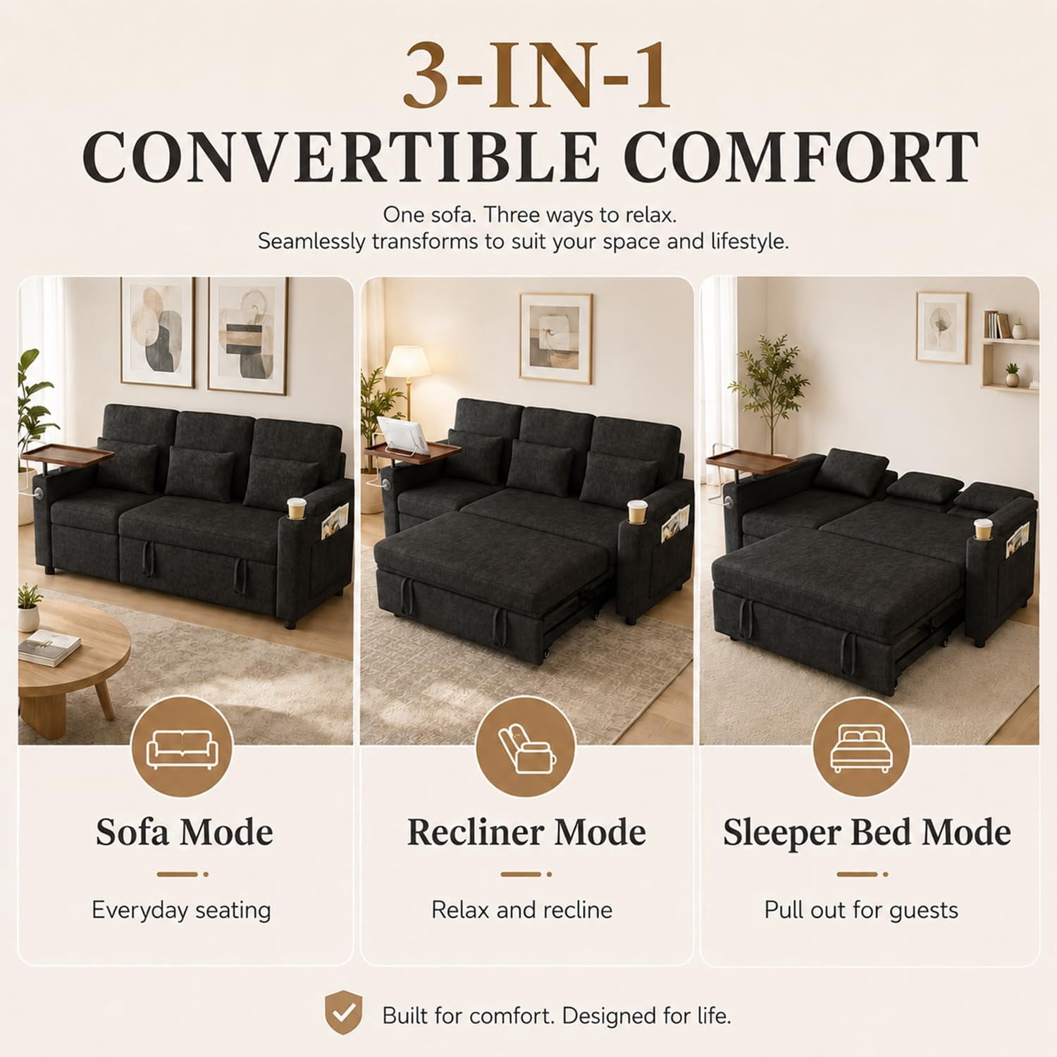 TiramisuBest 81" 3-in-1 Convertible Sleeper Sofa Bed with Power Recliner,Chenille Sofa Couch with Tray Table & USB for Living Room,Black