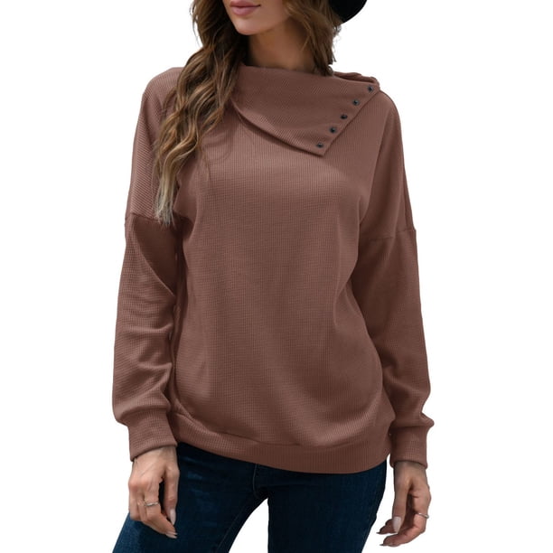 Moda mujer Turn-down Collor Pullover Manga larga Suelta Casual Túnica Sudaderas Color sólido Tops Abanopi Café/Grande