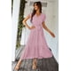 thumbnail image 3 of Vestido PRETTYGARDEN maxi rosa con volantes, escote en V y cinturón, talla grande, 3 of 6
