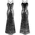 thumbnail image 1 of Angel-fashions Women's Spaghetti Strap Leopard Evening Dress Vintage Sequin Sleeveless V Neck Open Back Lace Up Bodycon Cocktail Evening Party Prom Gown Mermaid Maxi Long Cami Dresses Large Silver, 1 of 7