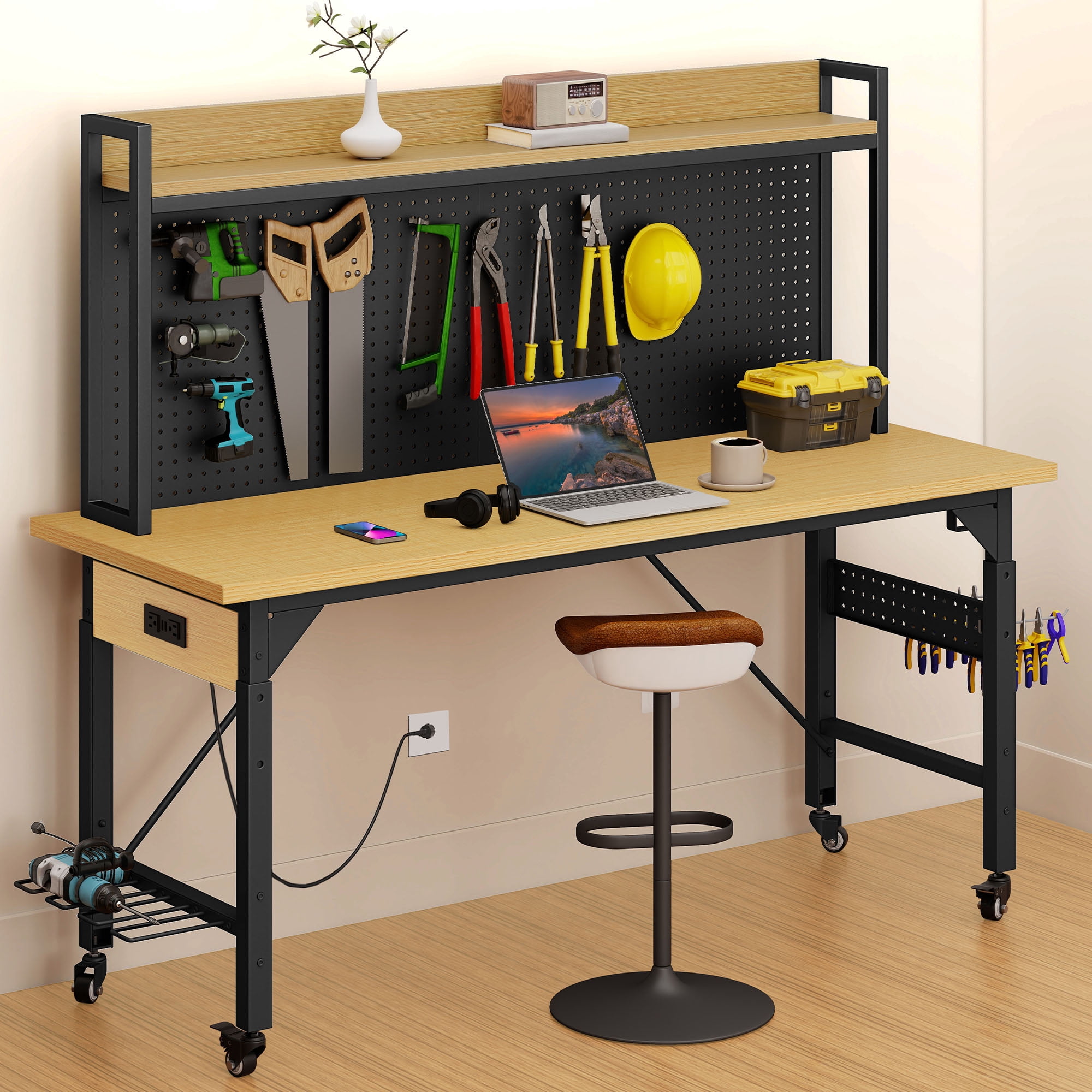 Uforic Multifunctional Workbench with Pegboard Worktable w/ Power Outlets and Wheels