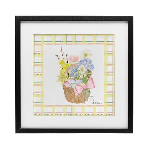 Spring Basket on Plaid Black Framed Print Under Glass, design by Lee Ann Sanders