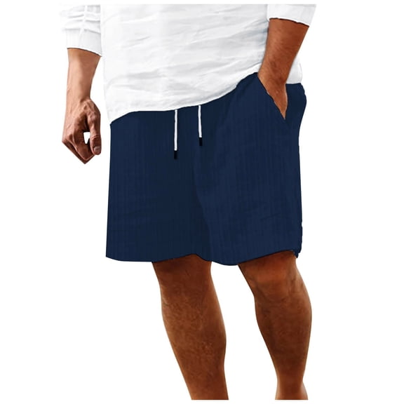 Men's Striped Linen Blend Beach Shorts Drawstring Waist Multi-Pocket Casual Shorts Vintage Summer Vacation Bottoms for Men,Navy,2XL