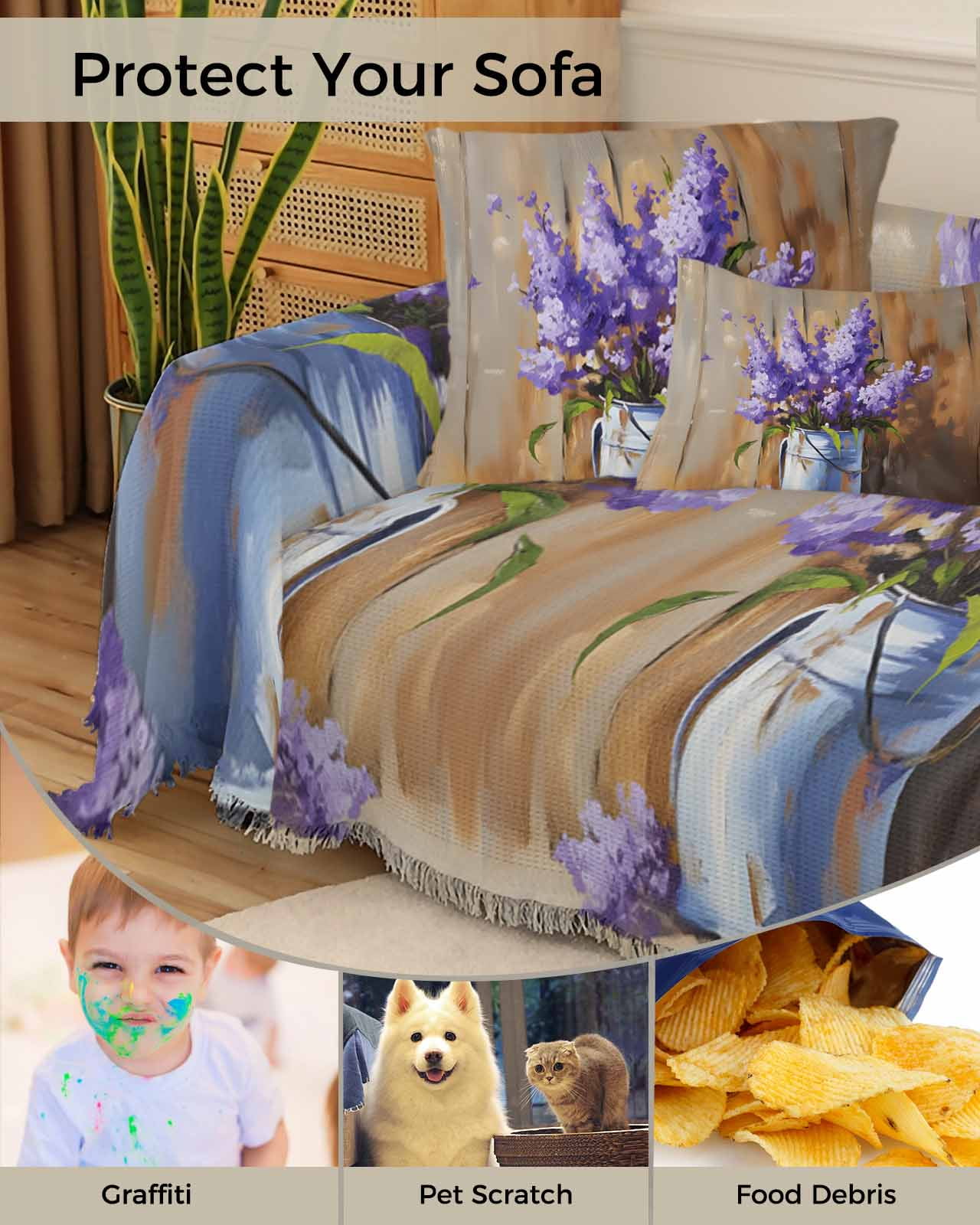 Purple Lavender Sofa Covers for 3 Cushion,Washable Couch Cover for Sectional Sofa Slipcovers with Tassel,Farmhouse Abstract Oil Painting Flower Loveseat Covers Futon Cover Throw Blanket 71''x118''